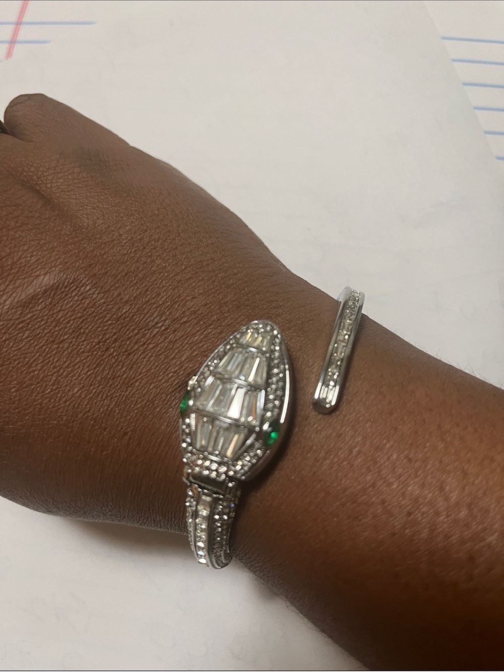 Silver Crystal Cuff Bracelet with Green Accent Stones